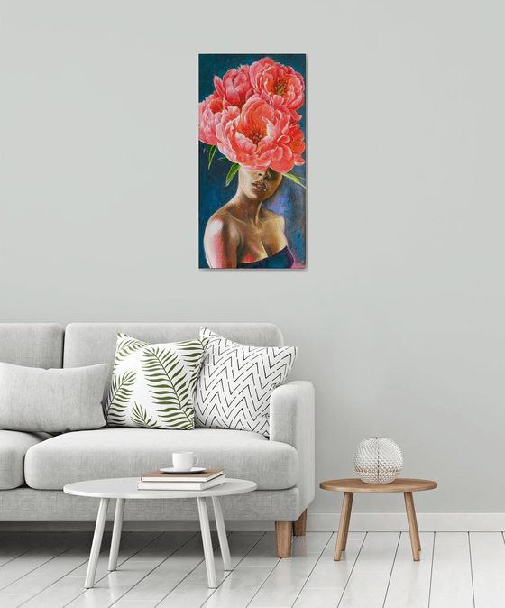 Portrait with red peonies