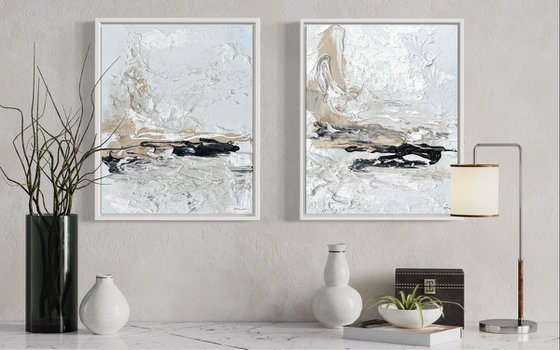 Hidden Light - 2 paintings- Black, Sand & White