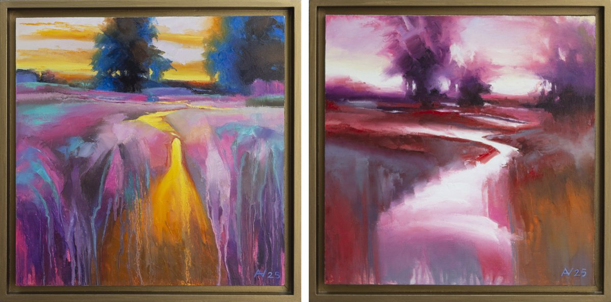 Abstract Landscape Oil Painting By Oleksii Vylusk, 31 X 15", Diptych "Abstract Landscape", Original Artwork