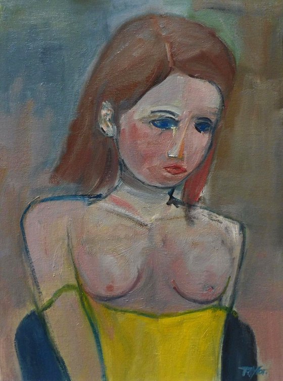 REDHEAD FEMALE PORTRAIT UNDRESSING, YELLOW SLIP.