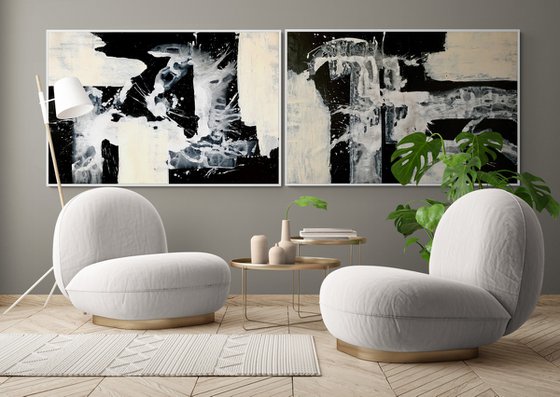 Abstraction No. 0224 XXL black & white minimalism - set of 2