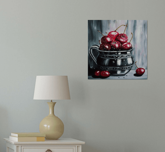 Cherries obsession, still life, fruit, original canvas painting, oil art, wall decor