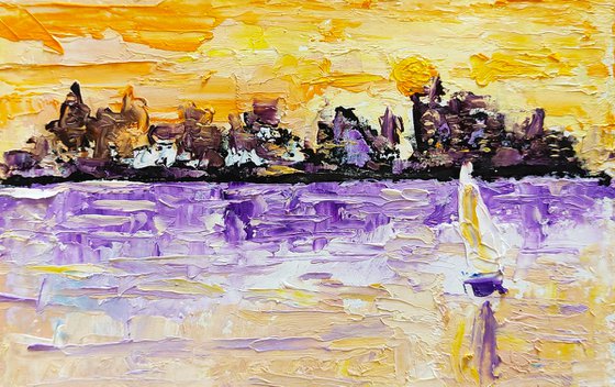 Skyline Painting Small Original Art Michigan Artwork Sailboat Wall Art Chicago Cityscape