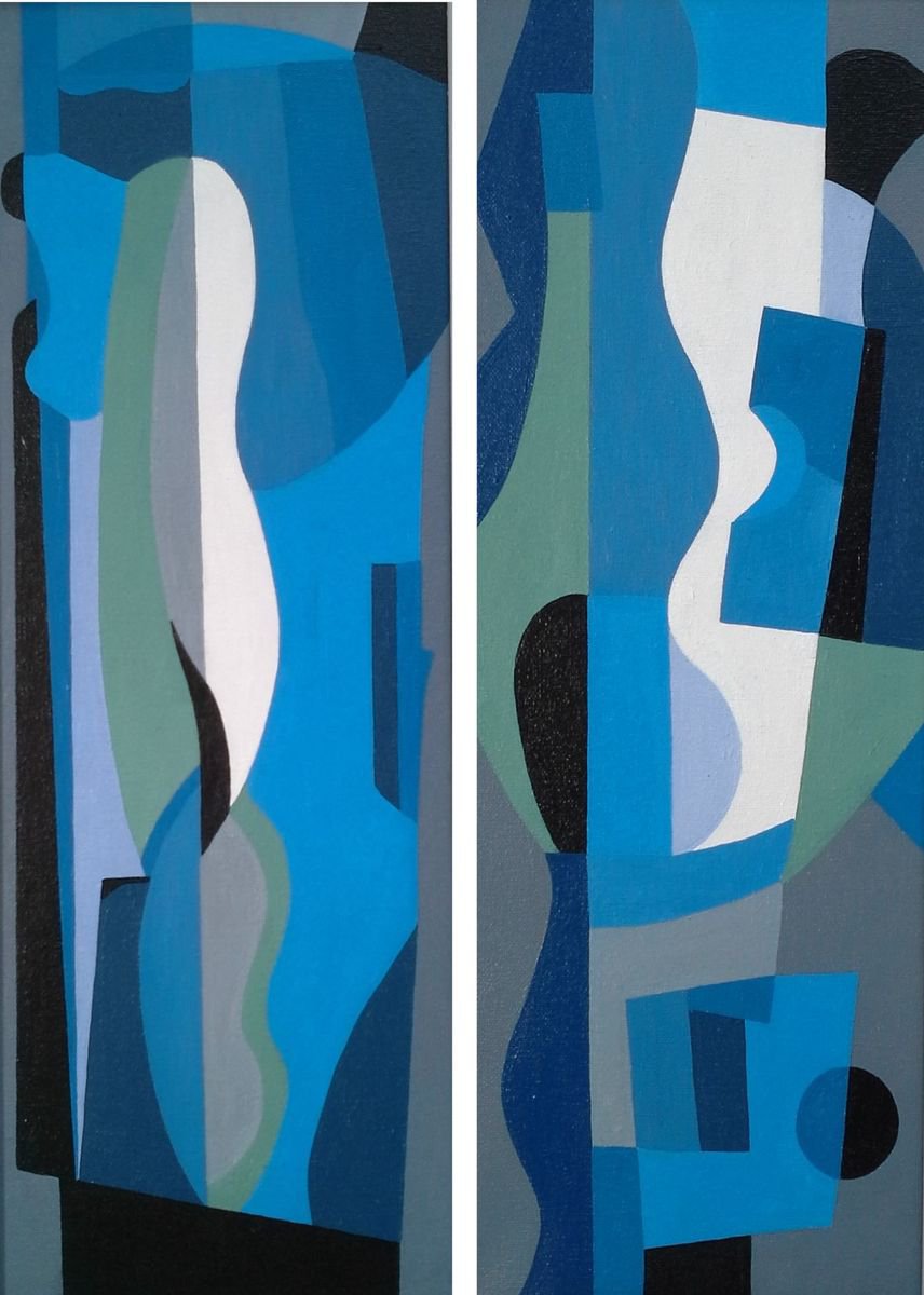 Geometric Abstract Oil Painting By Paul Heron, 11 X 23", Blue Interlude 1 And 2 (Two Paintings), Original Artwork