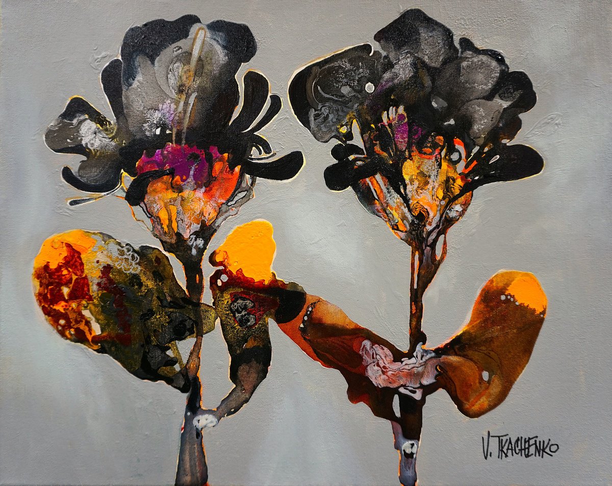 Organic Botanical Acrylic Painting By Victor Tkachenko, 20 X 16", Twins, Original Artwork