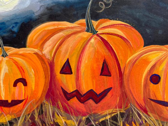 Halloween Gouache Painting Original, Pumpkins Wall Art, Cute Spooky Pumpkins, Fall Home Decor
