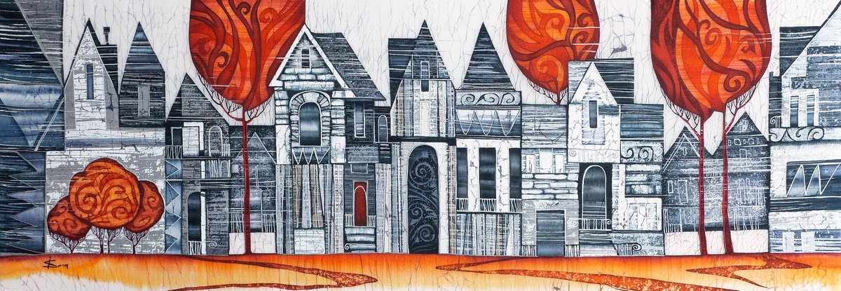 Illustrative Cityscapes Acrylic Painting By Julia Ismambetova, 35 X 13", Intro To Argento Ii, Original Artwork