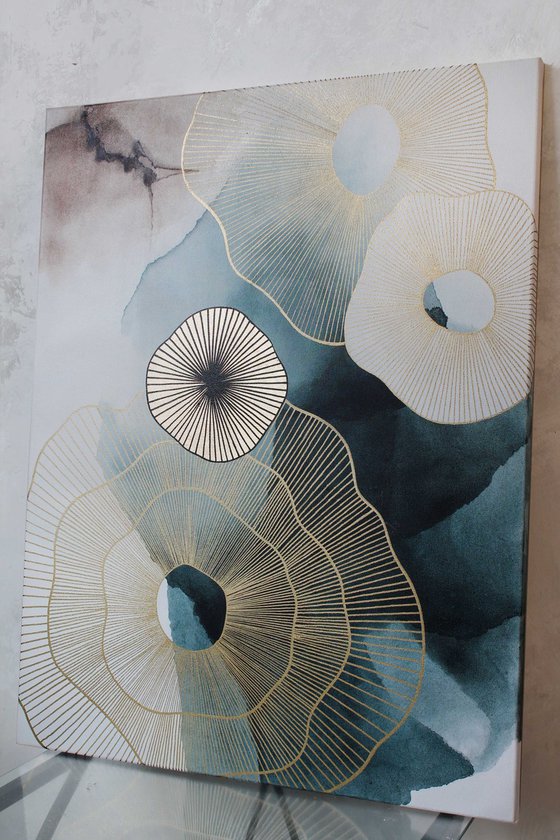 "Golden molecules 3 " Blue abstract art