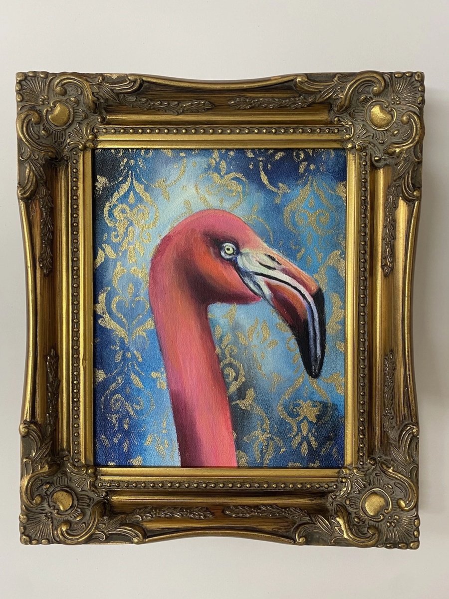 Expressive Animal Painting By Charlotte Gerrard, 34 X 39, Flamingo On Blue, Original Artwork