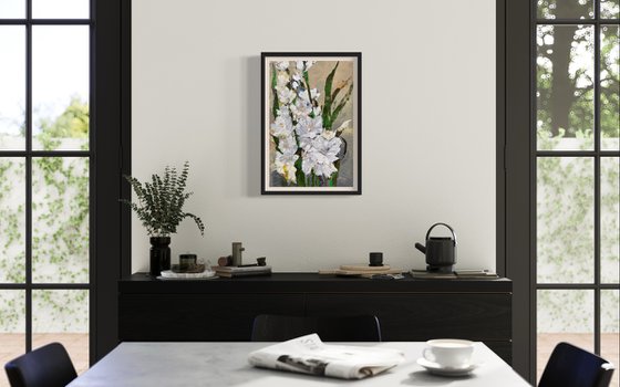 WHITE GLADIOLUSES - original painting on canvas