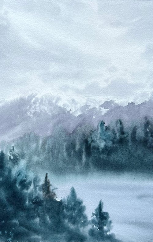Canmore landscape, Canada, mountains, original watercolour painting by Inna Nagaytseva