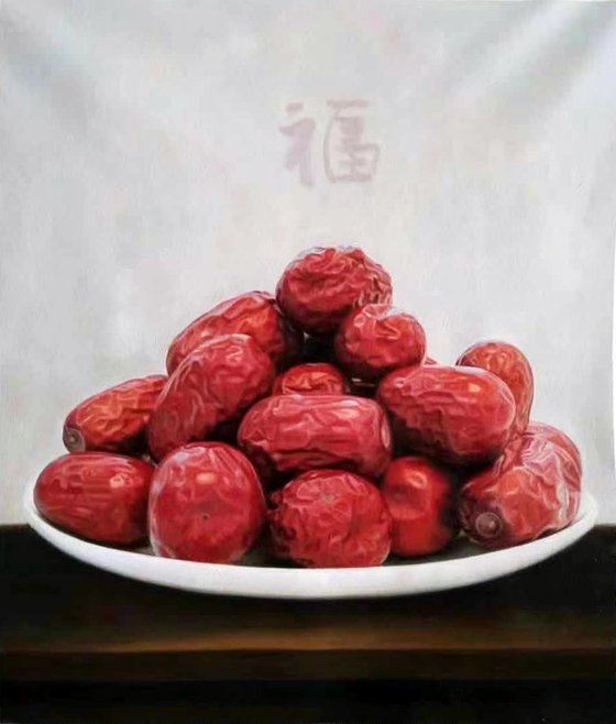 Original Still life oil painting:red dates in the bowl