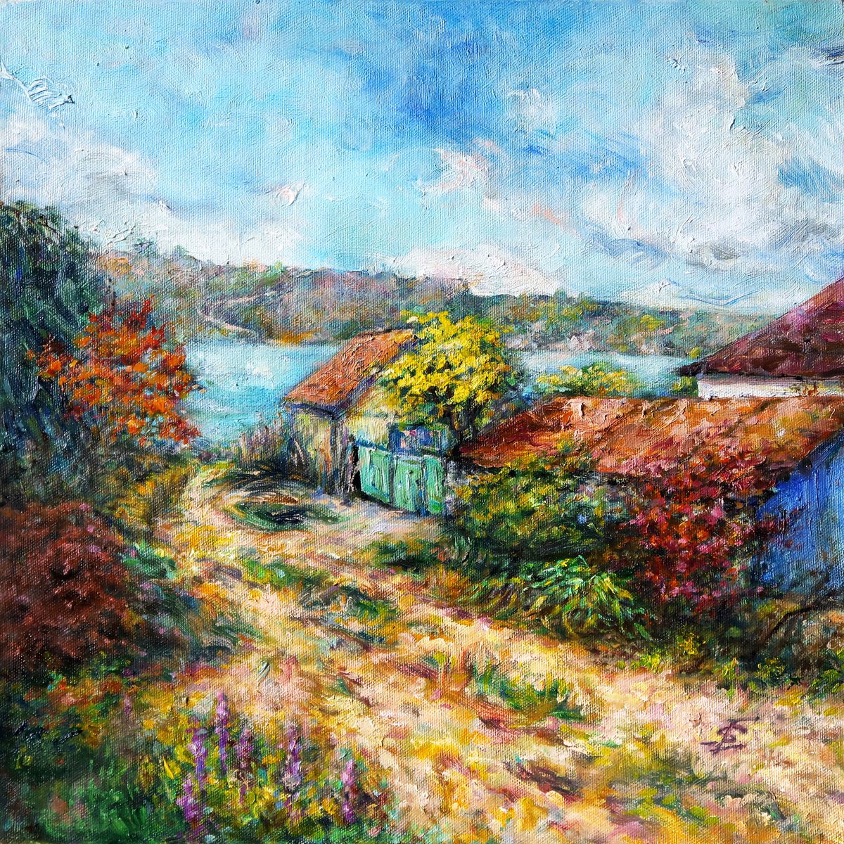 Impressionistic Landscape Oil Painting By Elvira Sesenina, 14 X 14, Near The River, Original Artwork