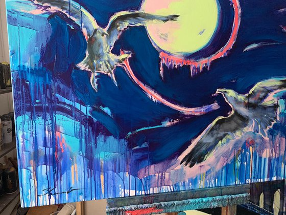 Bright big painting - "Moon light" - Pop Art - Birds - Seagull - 115x90cm