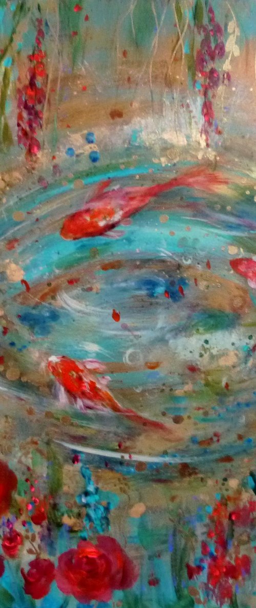 Koi fish in a flowering pond. Aquatic round 70 x 70 cm. by Loetitia Pillault