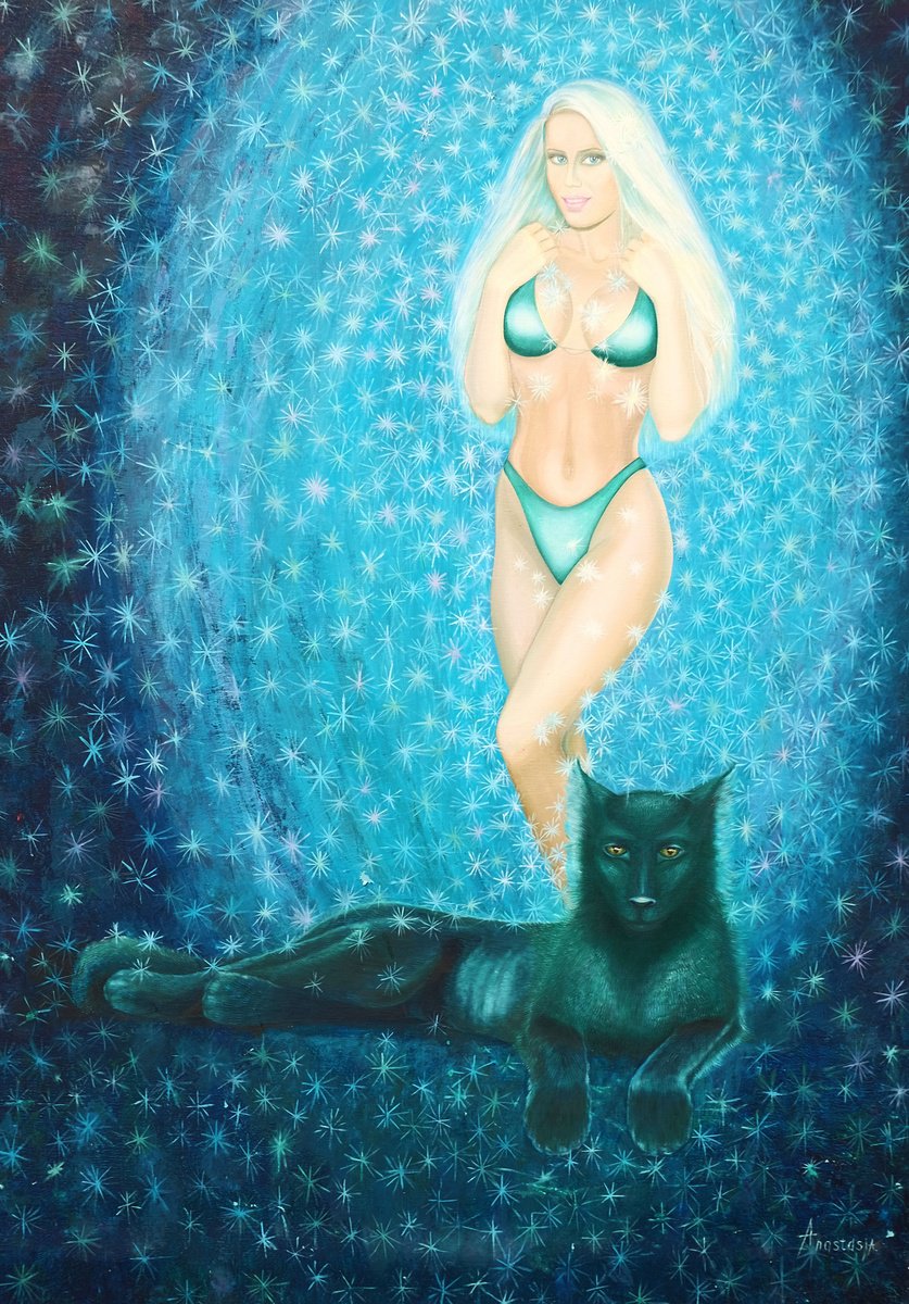 Surrealistic Oil Painting , Maiden And Panther By Anastasia Woron, 44 X 59, Artwork For Sale On Artfinder