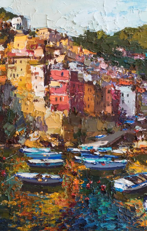 Riomaggiore, Cinque terre - Italian Landscape painting by Anastasiia Valiulina