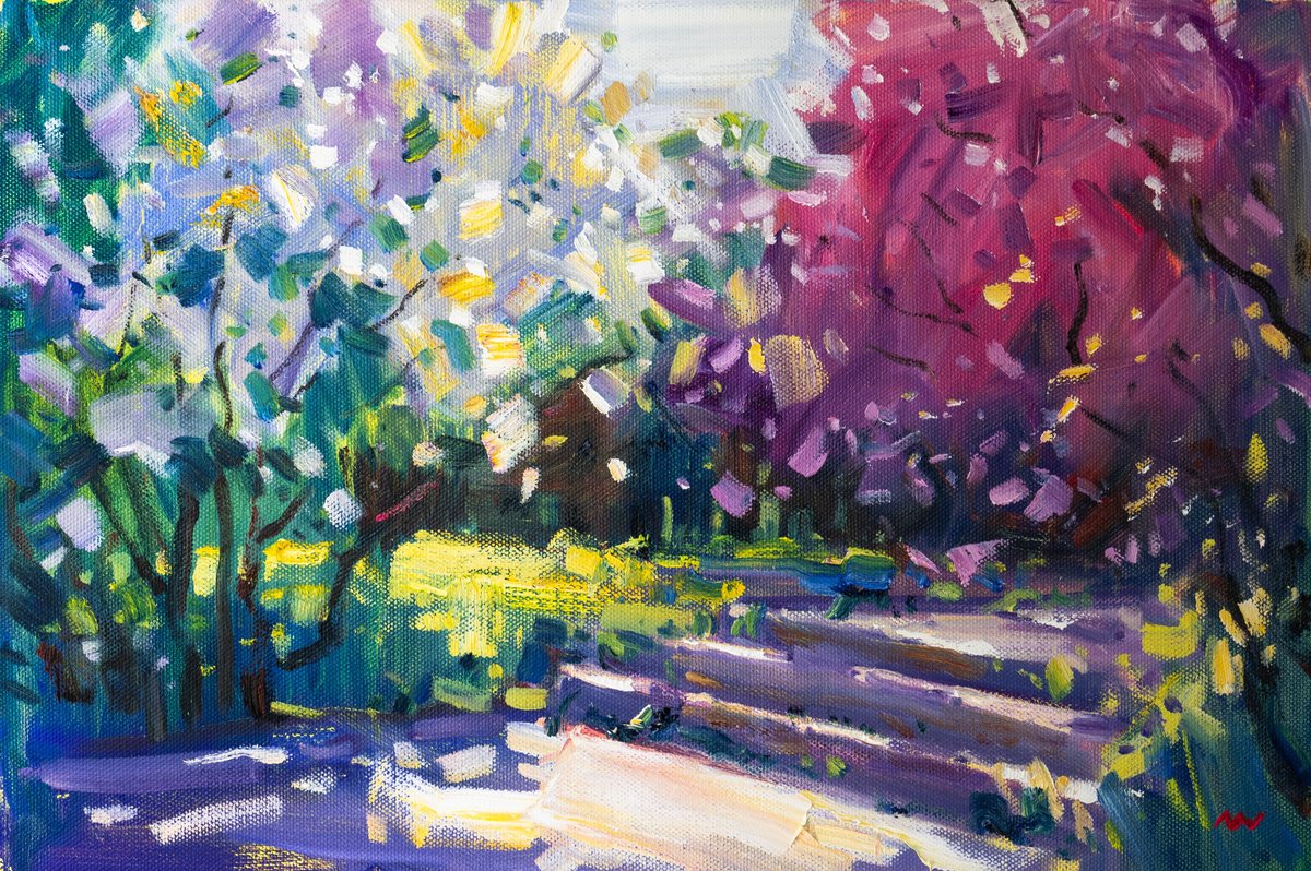 Impressionistic Landscape Oil Painting By Vasyl Moldavchuk, 24 X 16", Lilac Alley, Original Artwork