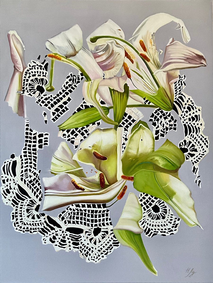 Botanical Oil Painting By Natalia Lugovskaya, 35 X 47", Lilies On Lace., Original Artwork