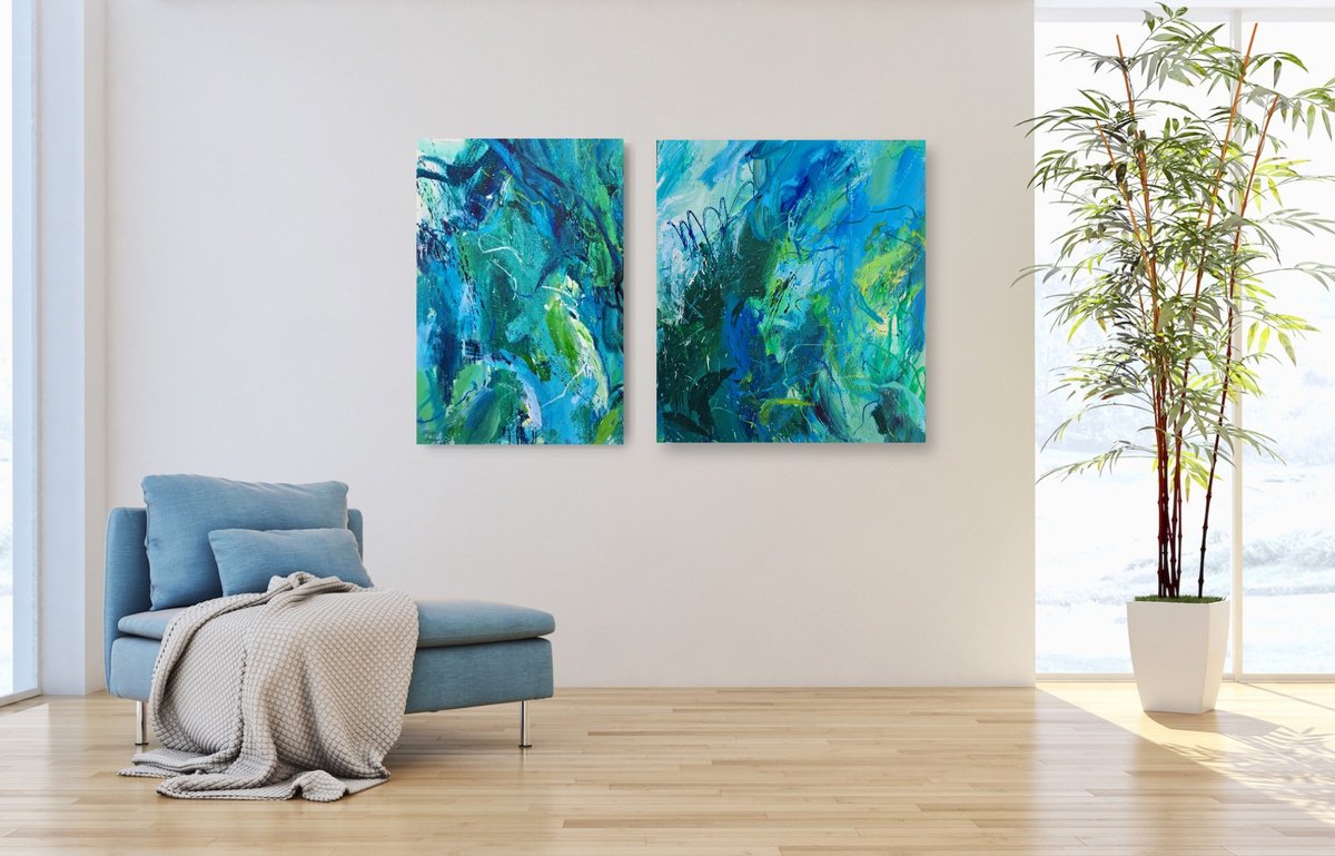 Diptych Jungle. Abstract green painting. by Mariana Briukhanova