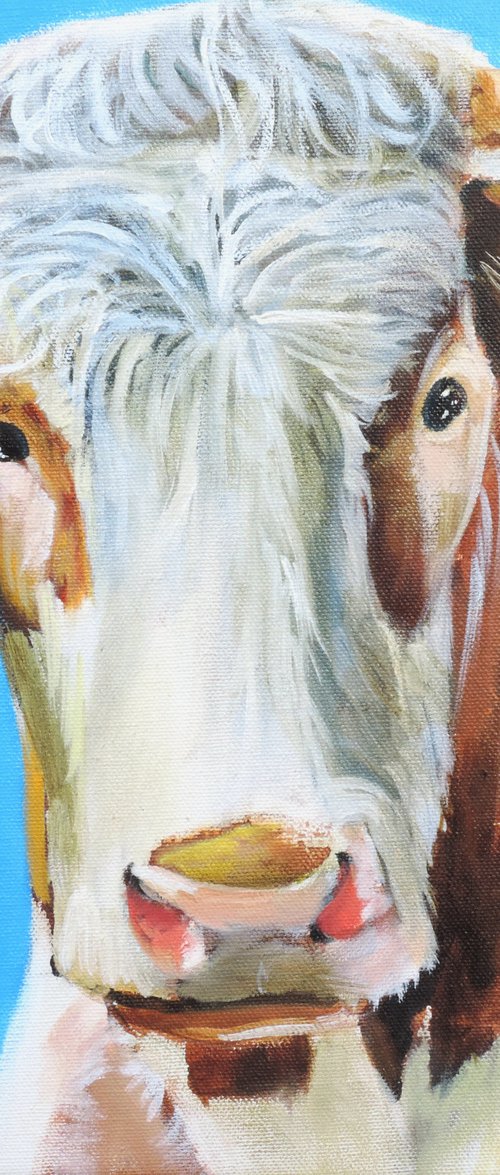 Cow painting a portrait in blue by Gordon Bruce