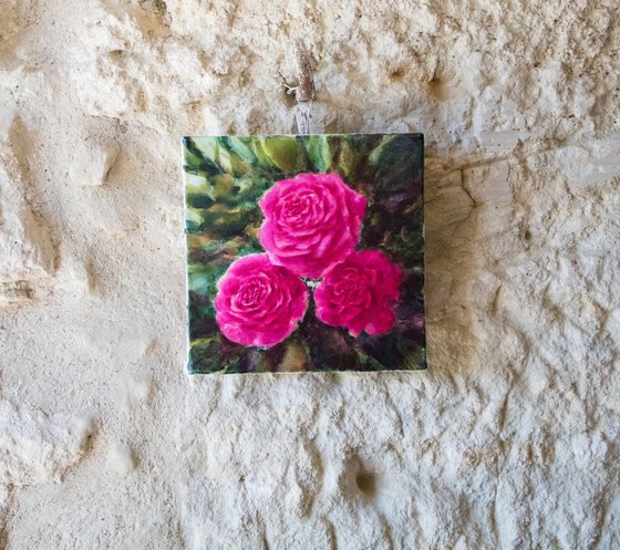 Three roses - small size floral painting - 30X30 cm Pink magenta green garden still life interior decoration home design affordable art