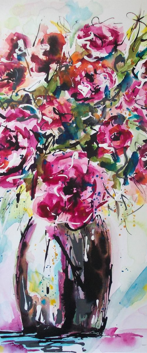 Roses In A Vase  - Watercolor Roses In A Vase Painting by Antigoni Tziora