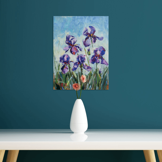 Irisis. Study. Original oil painting. Small flowers purple landscape impressionism etude colors green decor interior