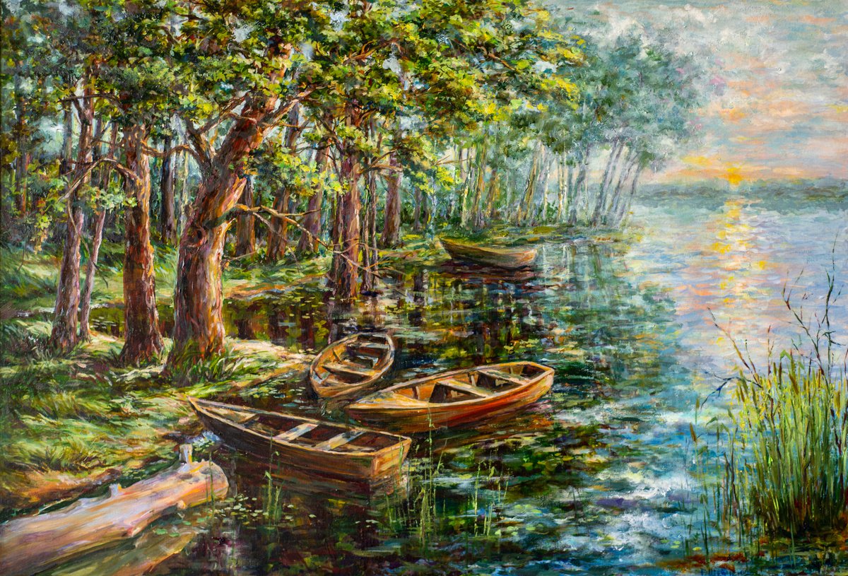Impressionistic Landscape Oil Painting By Galyna Shevchencko, 32 X 22, Boats On The Lake, Original Artwork