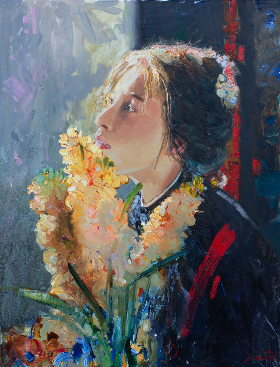 Impressionistic Portrait Oil Painting By Khanlar Asadullayev, 26 X 33", Floral Inspiration, Original Artwork