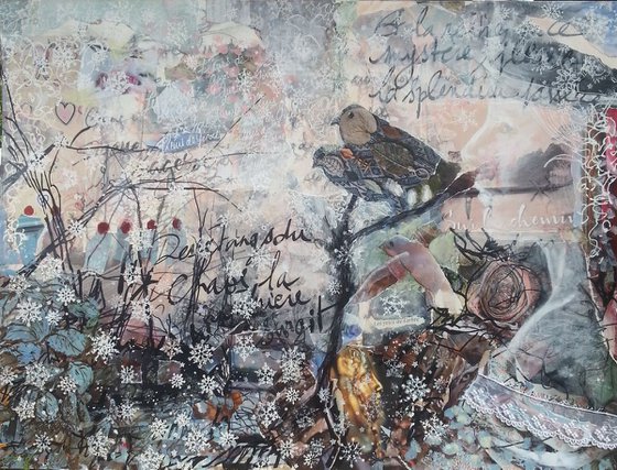 Soulboard : A winter dream landscape - collage and painting - birds