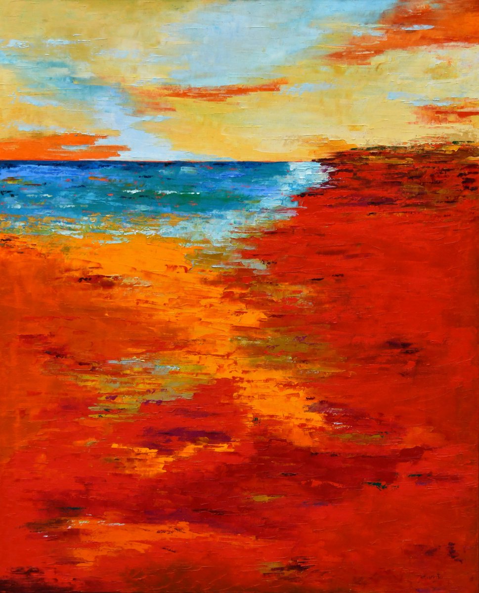 Abstract Landscape Oil Painting By Saroja Van Der Stegen, 33 X 41", Ref#:1244-40F (Red Beach), Original Artwork