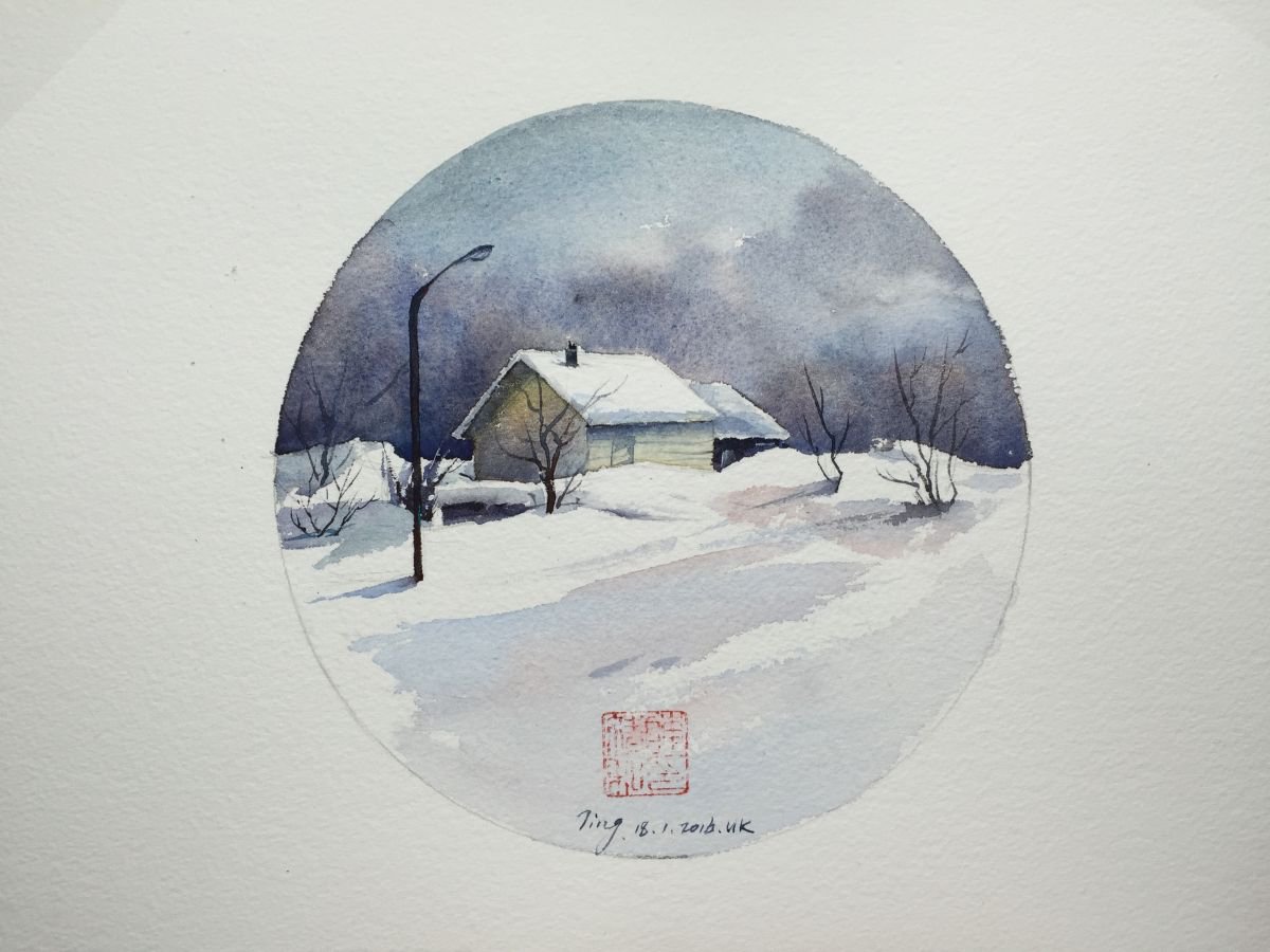 Impressionistic Cityscapes Watercolour By Jing Chen, 15 X 11, Snowy Cabin 3, Original Artwork
