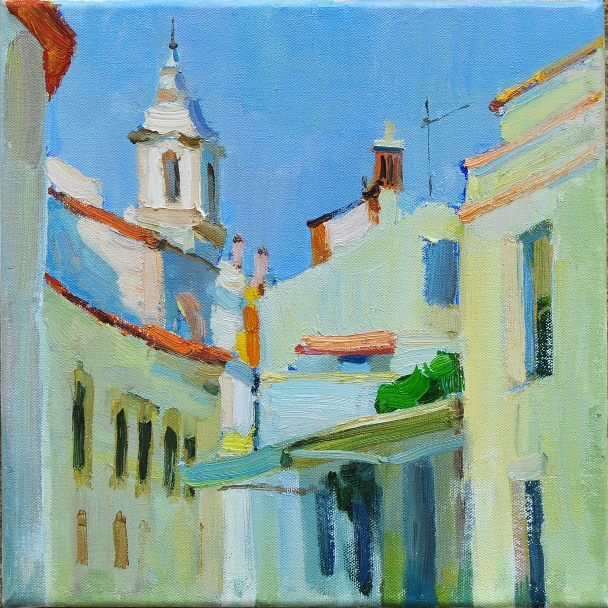Impressionistic Cityscapes Oil Painting By Anna Shevel, 12 X 12, Azure Morning, Original Artwork