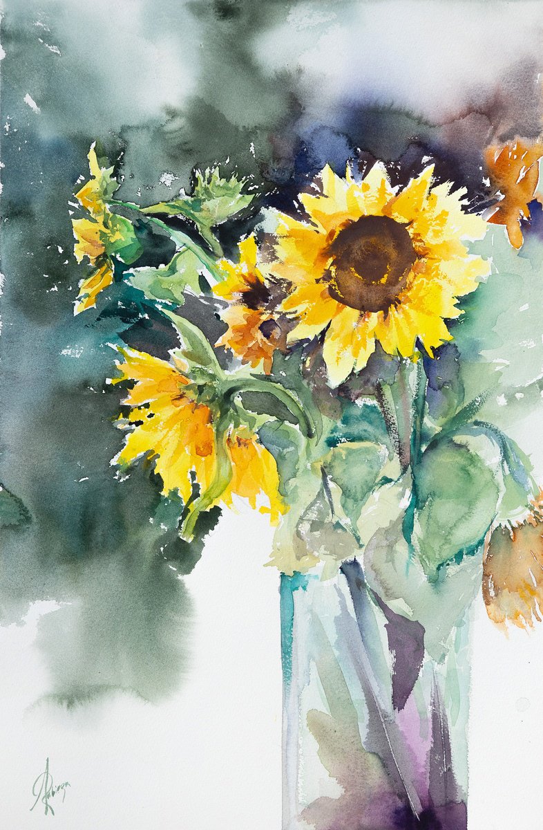 Botanical Watercolour By Andrzej Rabiega, 15 X 22, Sunflowers, Original Artwork