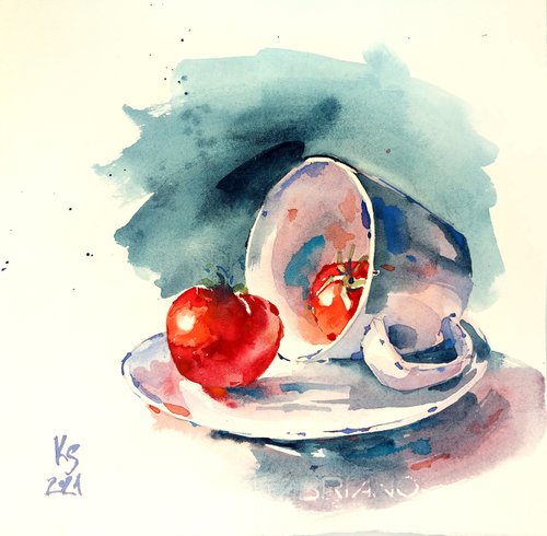 "Still life with a cup and tomatoes" watercolor food illustration by Ksenia Selianko