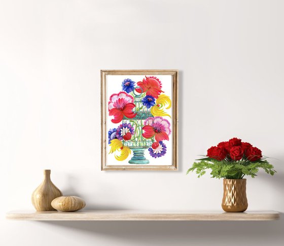 Bird cage with a bouquet of bright wild flowers