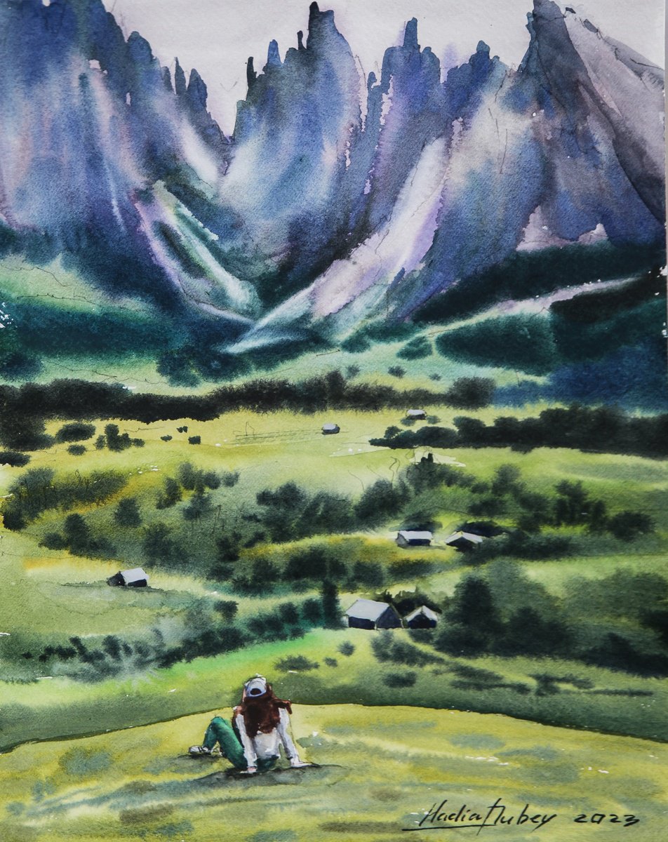 Impressionistic Landscape Watercolour By Nadiia Dubei, 10 X 14", Mountains Dolomit, Original Artwork