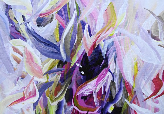 Original Abstract Floral Botanical Painting Textured Art Pink Purple Flowers