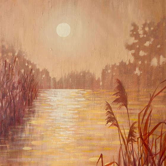 Pond With Reeds At Sunset