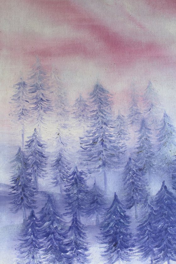 Pink Misty Pine Forest Trees