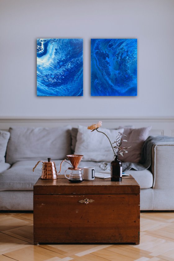 "I Got The Blues" - Save As A Series - Original PMS Abstract Diptych Fluid Acrylic Paintings On Canvas - 32" x 20"