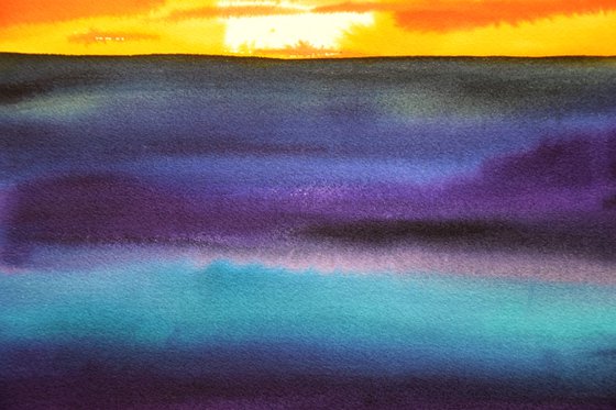 Seascape painting, sunset seaside original watercolor painting, sea ocean wall art