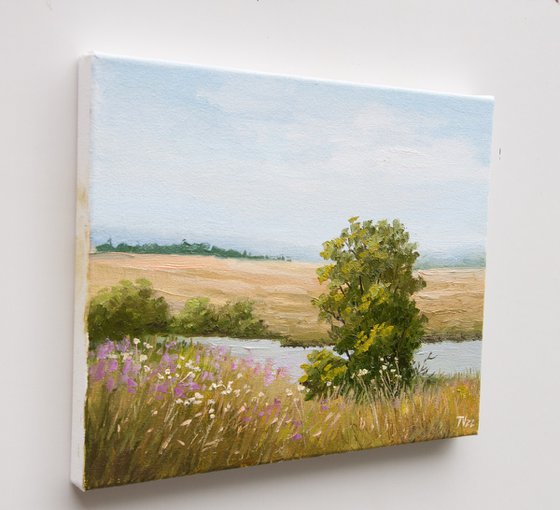 Summer Landscape. Oil Painting. Original Art. On Canvas. Fields. Trees. River. 8 x 10