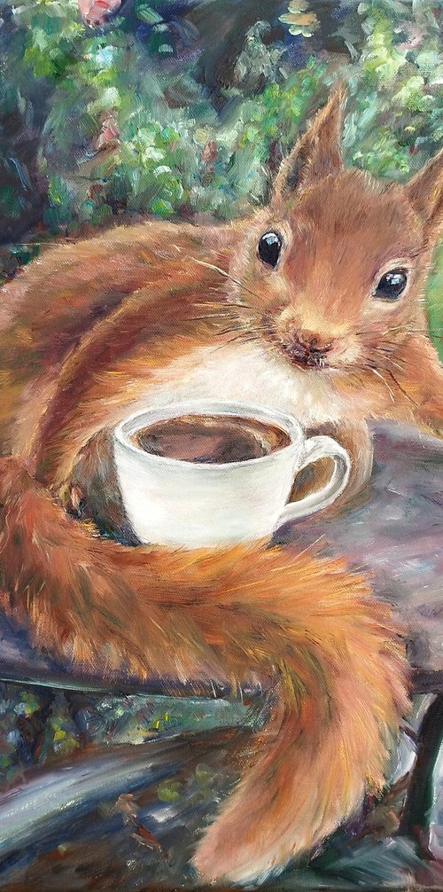 Red Squirrel With A Cup of Coffee by Jura Kuba Art