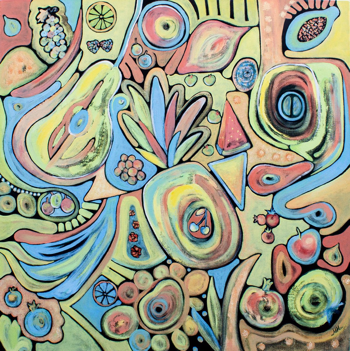 Organic Botanical Oil Painting By Mila Moroko, 39 X 39", Fruits Xl Size Painting, Original Artwork