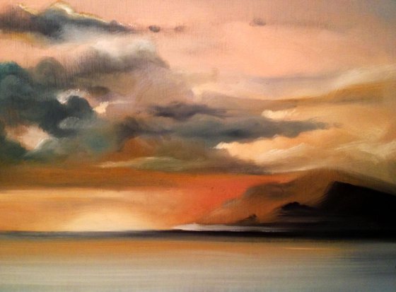 Marine Coast at sunset- original oil on wood-horizontal cut- ready to hang- 30 x 60 cm (12' x 24 ')