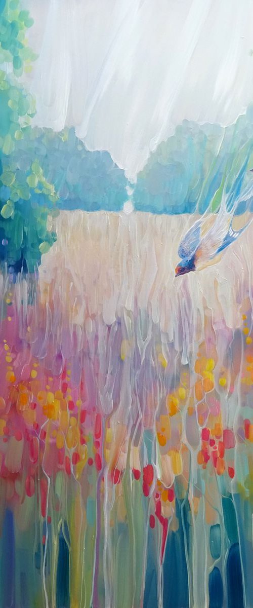 Summer Playground a large semi abstract oil on canvas of a summer meadow with wildflowers and swallows by Gill Bustamante