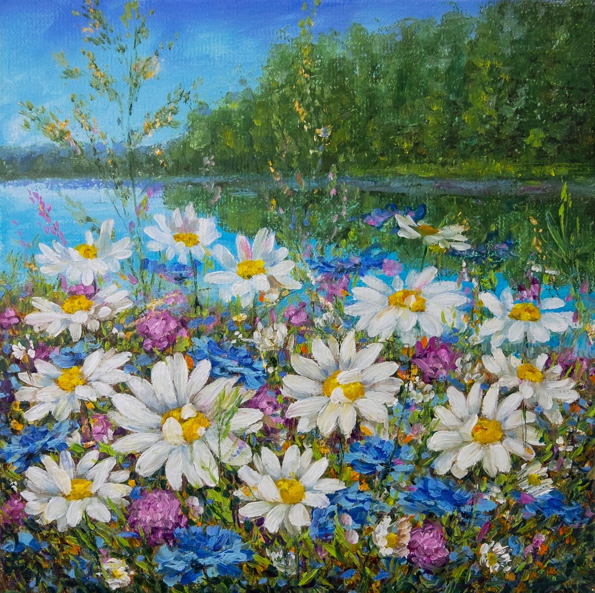 Impressionistic Landscape Oil Painting By Anastasia Woron, 8 X 8, Daisies By The Shore, Original Artwork