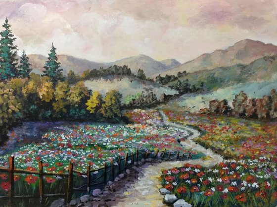 Summer landscape with fild of poppies and daisies